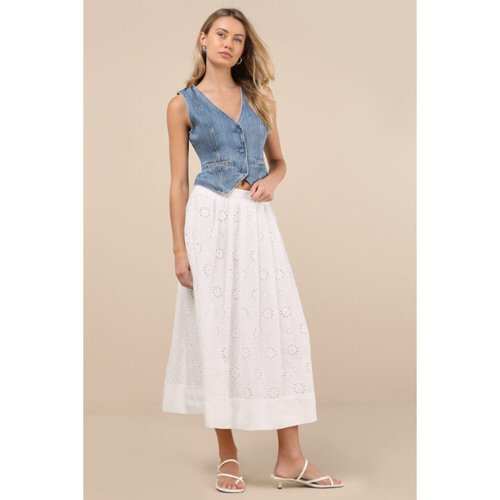 Lulus Milila White Eyelet Embroidered High-rise Midi Skirt - Size S